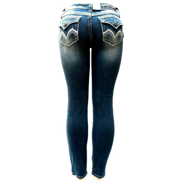 LA Idol Rose 2 Rhinestone Studded Medium Wash Denim Bootcut Flap Pocket Jeans